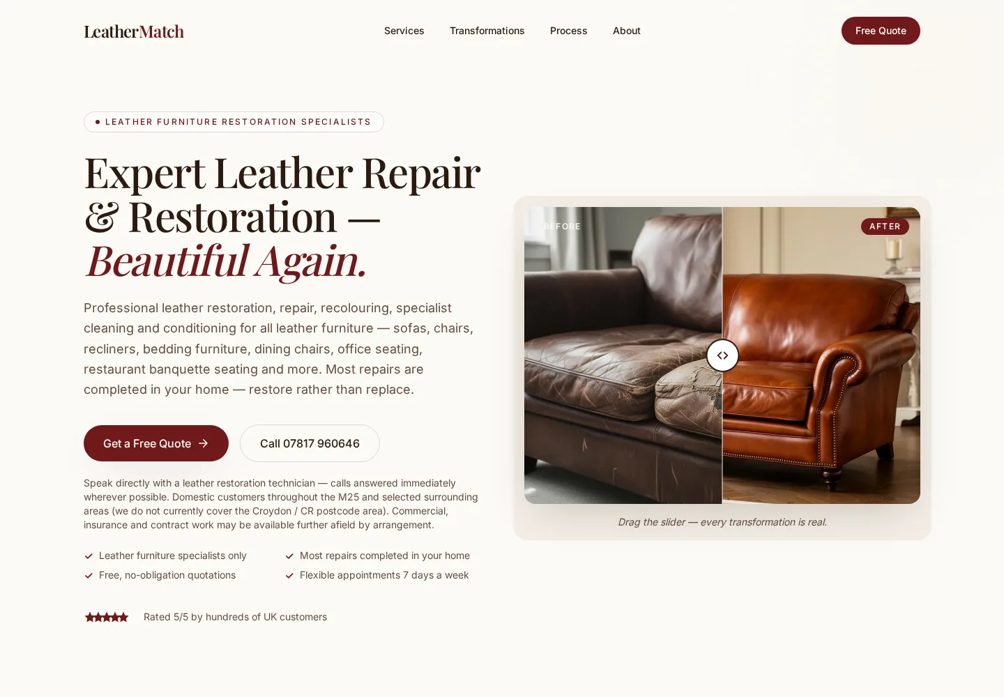 The redesigned LeatherMatch home page, with a clear headline, services and contact options